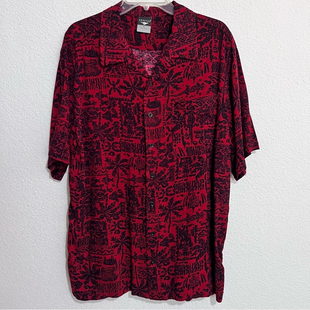 Cheetah Black & Red Tribal Tropical Polynesian Motif Short Sleeve Aloha Shirt XL